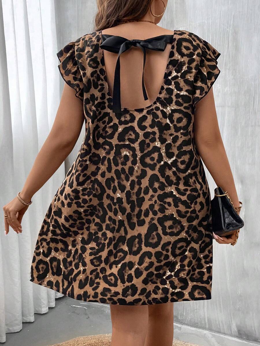 SHEIN Clasi Vestido con estampado de leopardo con cordón trasero de manga mariposa - Caqui - Ver 1
