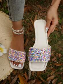 Women Ombre Rhinestone Decor Anti-slip Flat Sandals, Funky Open Toe Slide Sandals For Summer - Multicolor - View 1
