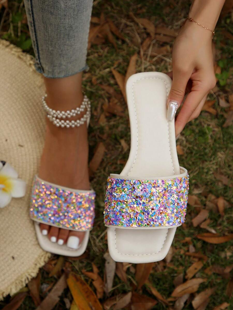 Women Ombre Rhinestone Decor Anti-slip Flat Sandals, Funky Open Toe Slide Sandals For Summer - Multicolor - View 1
