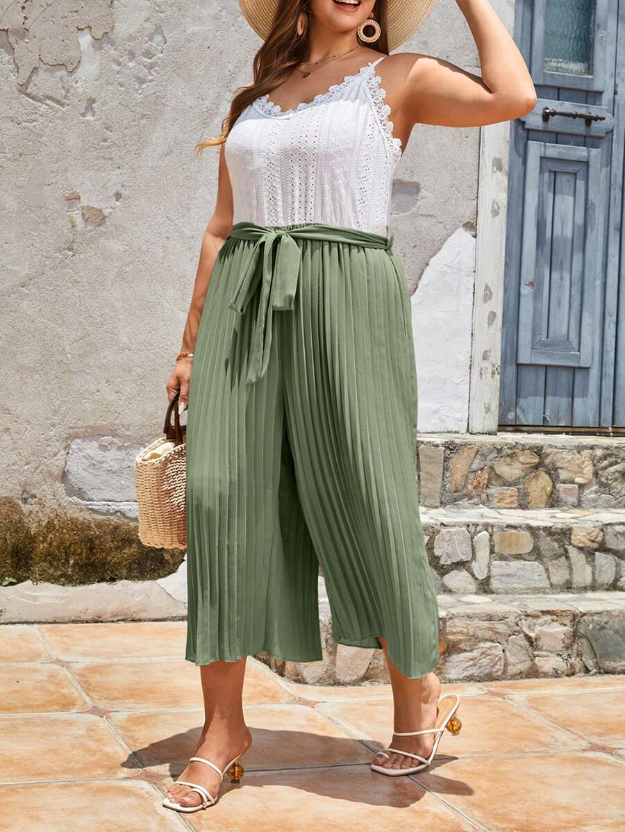 SHEIN Frenchy Plus Two Tone Guipure Lace Trim Pleated Belted Cami Jumpsuit - Mint Green - View 1