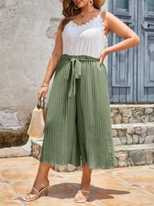 SHEIN Frenchy Plus Two Tone Guipure Lace Trim Pleated Belted Cami Jumpsuit - Mint Green - View 4