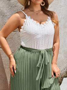 SHEIN Frenchy Plus Two Tone Guipure Lace Trim Pleated Belted Cami Jumpsuit - Mint Green - View 5