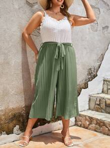 SHEIN Frenchy Plus Two Tone Guipure Lace Trim Pleated Belted Cami Jumpsuit - Mint Green - View 6