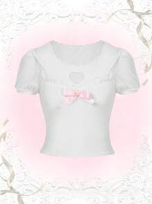 Sweetness Bow Front Frill Trim Puff Sleeve Tee - White - View 1