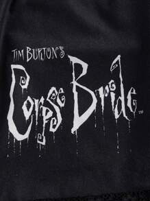 Corpse Bride | ROMWE 加大尺寸卡通人物圖形對比蕾絲荷葉邊睡衣套裝 - 黑色 - 查看 4