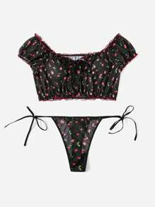 ROMWE Kawaii Talla grande Set de lencería con estampado de cereza de malla - Negro - Ver 4