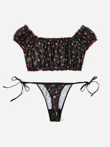 ROMWE Kawaii Talla grande Set de lencería con estampado de cereza de malla - Negro - Ver 2