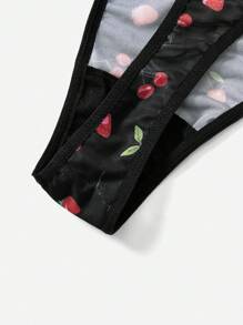 ROMWE Kawaii Talla grande Set de lencería con estampado de cereza de malla - Negro - Ver 3