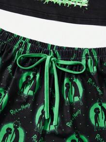 Rick and Morty | ROMWE Letter Cartoon Graphic Contrast Binding PJ Set, School