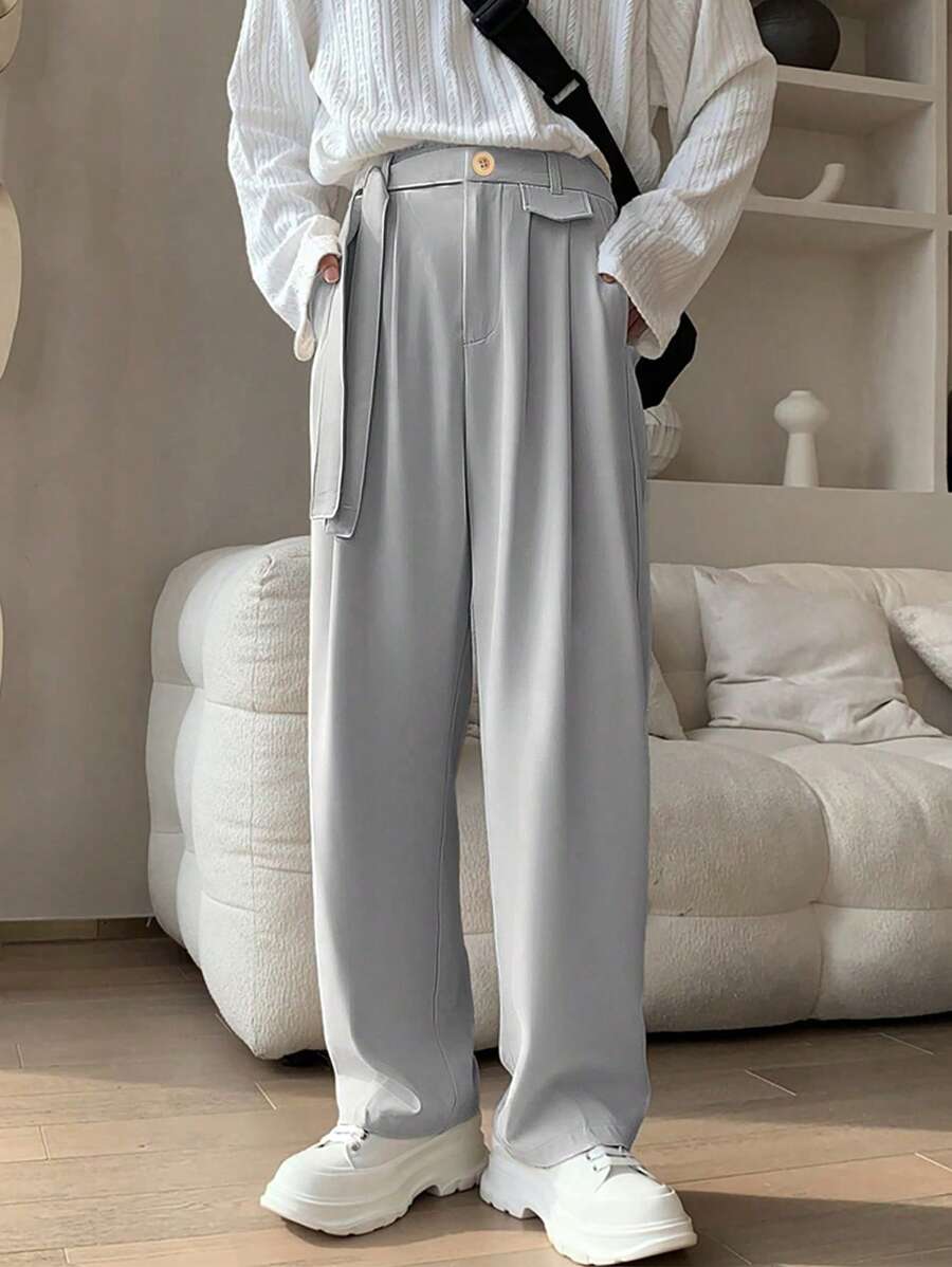 Manfinity Hypemode 男士褶皺細節直筒西裝褲 - 淺灰色 - 查看 1