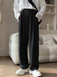 Claim Dot 男士素色斜口袋直筒西裝褲 - 黑色 - 查看 1