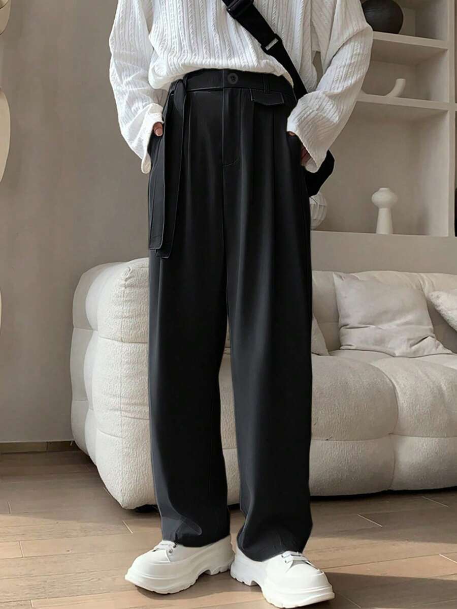 Claim Dot 男士素色斜口袋直筒西裝褲 - 黑色 - 查看 1