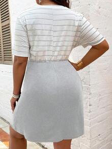 大碼條紋印花繫腰帶洋裝