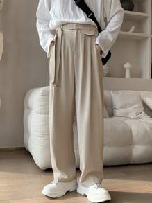 Claim Dot Men Fold Pleated Detail Straight Leg Suit Trousers - Khaki - View 1