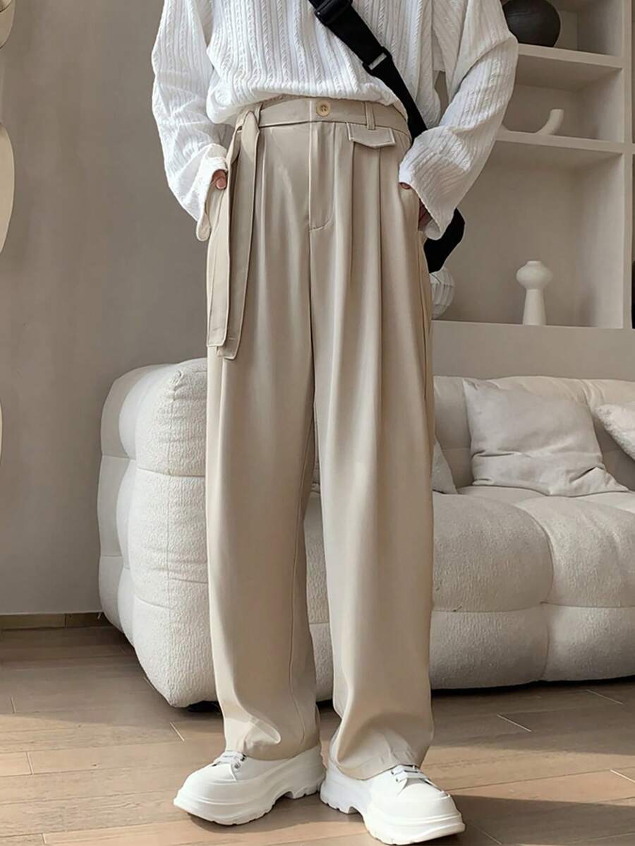 Claim Dot Men Fold Pleated Detail Straight Leg Suit Trousers - Khaki - View 1