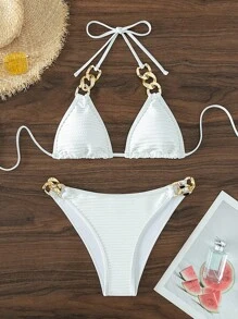 鏈條鏈接掛脖三角杯比基尼泳裝 - 白色 - 查看 3
