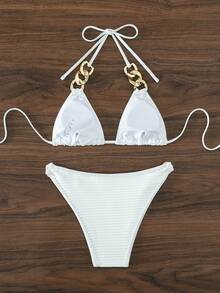 鏈條鏈接掛脖三角杯比基尼泳裝 - 白色 - 查看 4