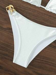 鏈條鏈接掛脖三角杯比基尼泳裝 - 白色 - 查看 5