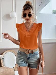 Chiquease 鏤空蕾絲花邊罩袖襯衫 - 橘色 - 查看 4