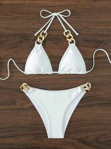 鏈條鏈接掛脖三角杯比基尼泳裝 - 白色 - 查看 6