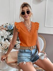 Chiquease 鏤空蕾絲花邊罩袖襯衫 - 橘色 - 查看 5