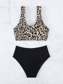 SHEIN Swim Summer Beach Leopard Knot Front High Waisted Bikini Set - Multicolor - View 2