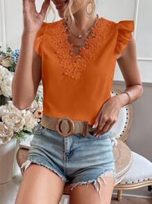 Chiquease 鏤空蕾絲花邊罩袖襯衫 - 橘色 - 查看 6
