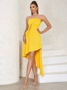 素色不對稱下擺抹胸洋裝 - 黃色 - 查看 4
