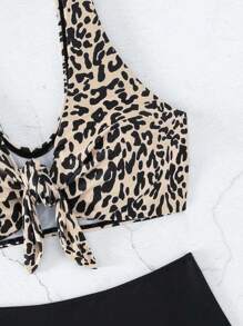 SHEIN Swim Summer Beach Leopard Knot Front High Waisted Bikini Set - Multicolor - View 5