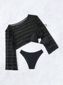 SHEIN Swim Bộ Bikini Nữ Buộc lại màu trơn - màu đen - Xem 6