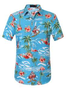 男士熱帶圖案前排扣襯衫 - 藍色 - 查看 1