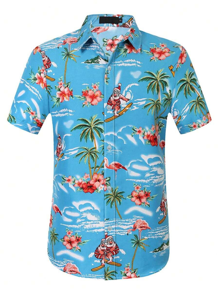 男士熱帶圖案前排扣襯衫 - 藍色 - 查看 1