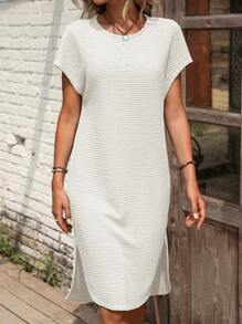 SHEIN LUNE Solid Batwing Sleeve Tee Dress - White - View 4