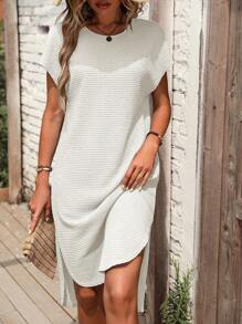 SHEIN LUNE Solid Batwing Sleeve Tee Dress - White - View 5