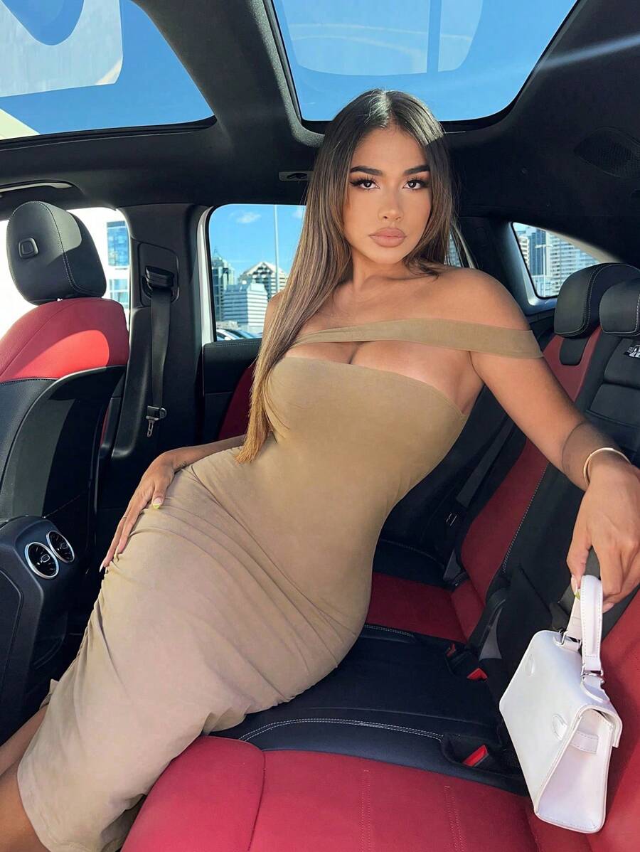 SHEIN SXY Đầm màu trơn Gợi cảm - Màu Khaki - Xem 1