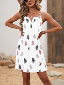 Breezaya Vestido de tirantes con estampado de pluma de cuello de muesca - Blanco - Ver 4