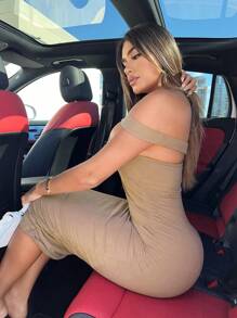 SHEIN SXY Đầm màu trơn Gợi cảm - Màu Khaki - Xem 3