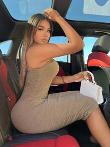 SHEIN SXY Đầm màu trơn Gợi cảm - Màu Khaki - Xem 4