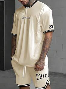 Manfinity Campus Court Aesthetic Post--Men Letter Graphic Contrast Trim Tee & Drawstring Waist Shorts Set - Khaki - View 1