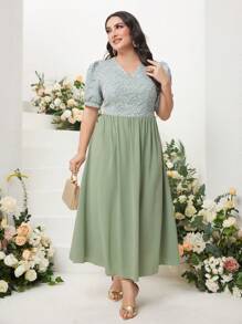 Modelyn Plus Colourblock Puff Sleeve A-line Dress - Mint Green - View 1