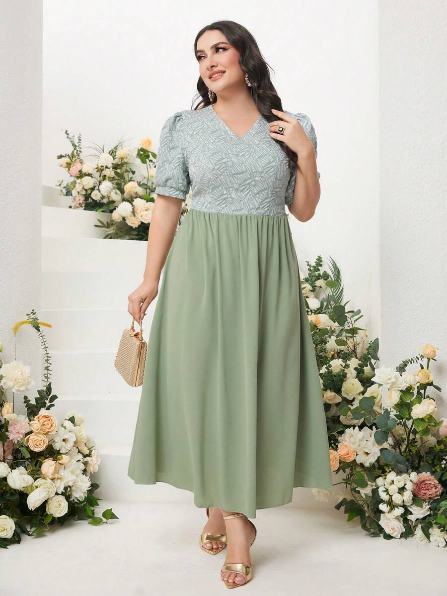 Modelyn Plus Colourblock Puff Sleeve A-line Dress - Mint Green - View 1