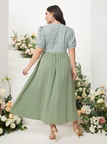 Modelyn Plus Colourblock Puff Sleeve A-line Dress - Mint Green - View 2