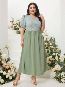 Modelyn Plus Colourblock Puff Sleeve A-line Dress - Mint Green - View 3