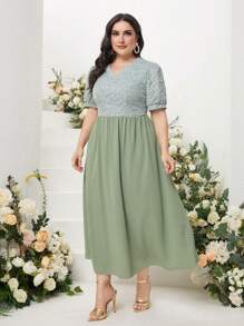 Modelyn Plus Colourblock Puff Sleeve A-line Dress - Mint Green - View 4