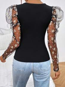 SHEIN Privé Top en contraste floral de malla de manga gigot