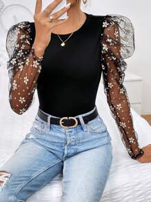 SHEIN Privé Top en contraste floral de malla de manga gigot