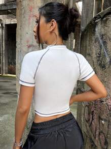 SHEIN ICON 頂針前拉鏈T恤 - 白色 - 查看 5