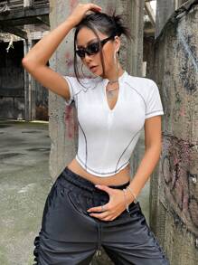 SHEIN ICON 頂針前拉鏈T恤 - 白色 - 查看 4