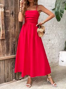 Breezaya 纯色褶饰吊带连衣裙 新年服装 超长度假海滩装 女士 - 紅色 - 查看 1