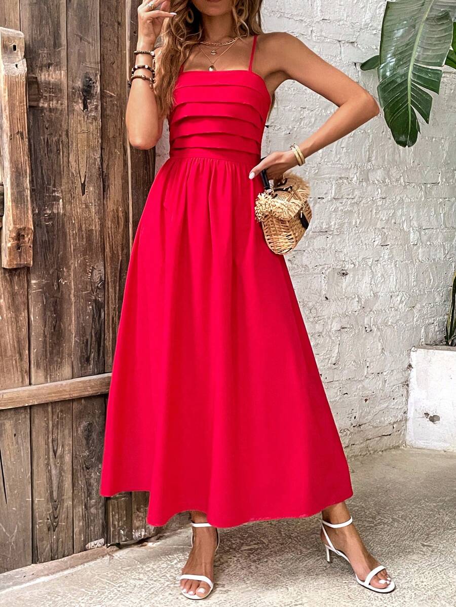 Breezaya 纯色褶饰吊带连衣裙 新年服装 超长度假海滩装 女士 - 紅色 - 查看 1